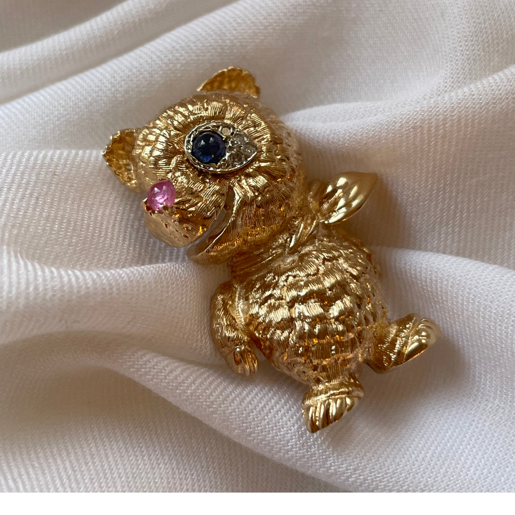 Vintage Cartier 14k Gold Sapphire and Ruby Bear Brooch