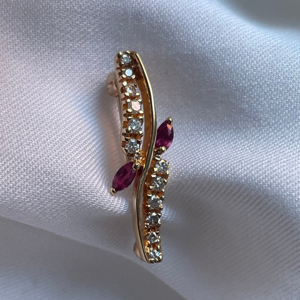 Vintage ruby and diamond brooch pin in 14k gold